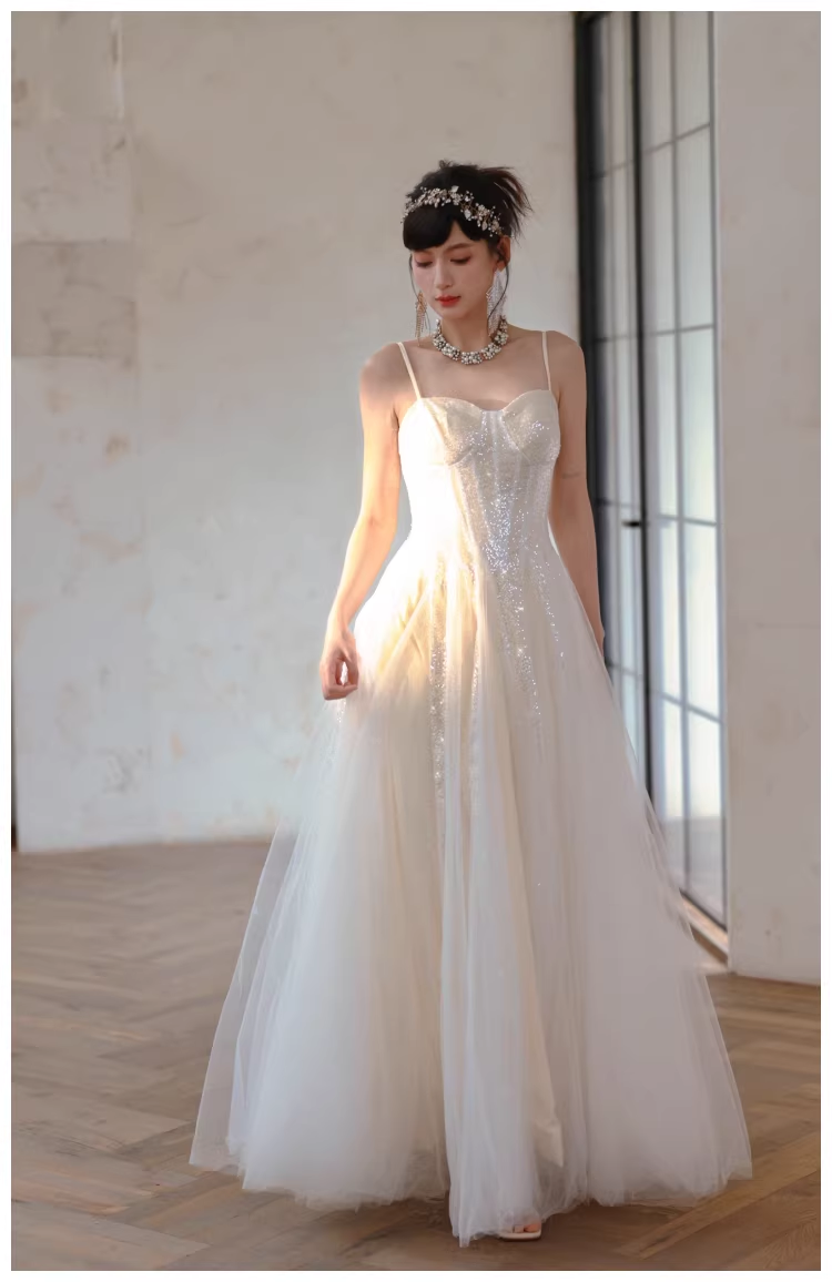 Classy Light Apricot Spaghetti Straps Tulle Sequin A Line Long Party Dress Evening Dress