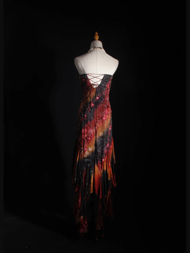 Vintage Embroidered Floral Chiffon Ruffle Mermaid Evening Dress Strapless Long Party Dress