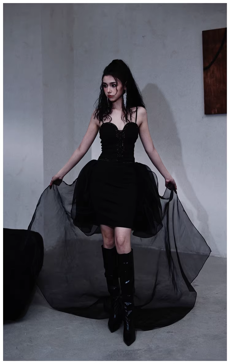 Gorgeous Black Organza Satin Beaded Long Party Dress Birthday Evening Dress