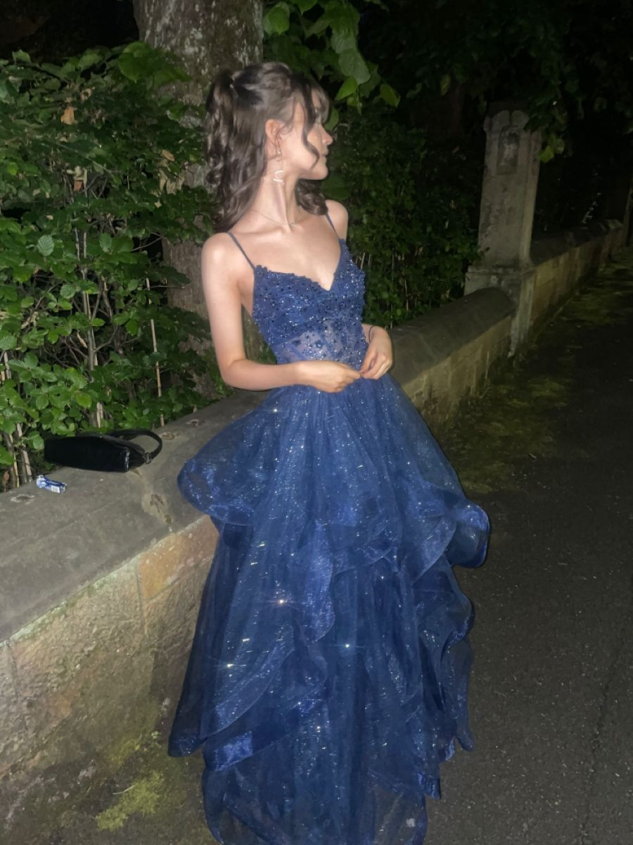 Shiny Spaghetti Straps Navy Blue Tulle Sequin Appliques Long Party Dress Evening Gown
