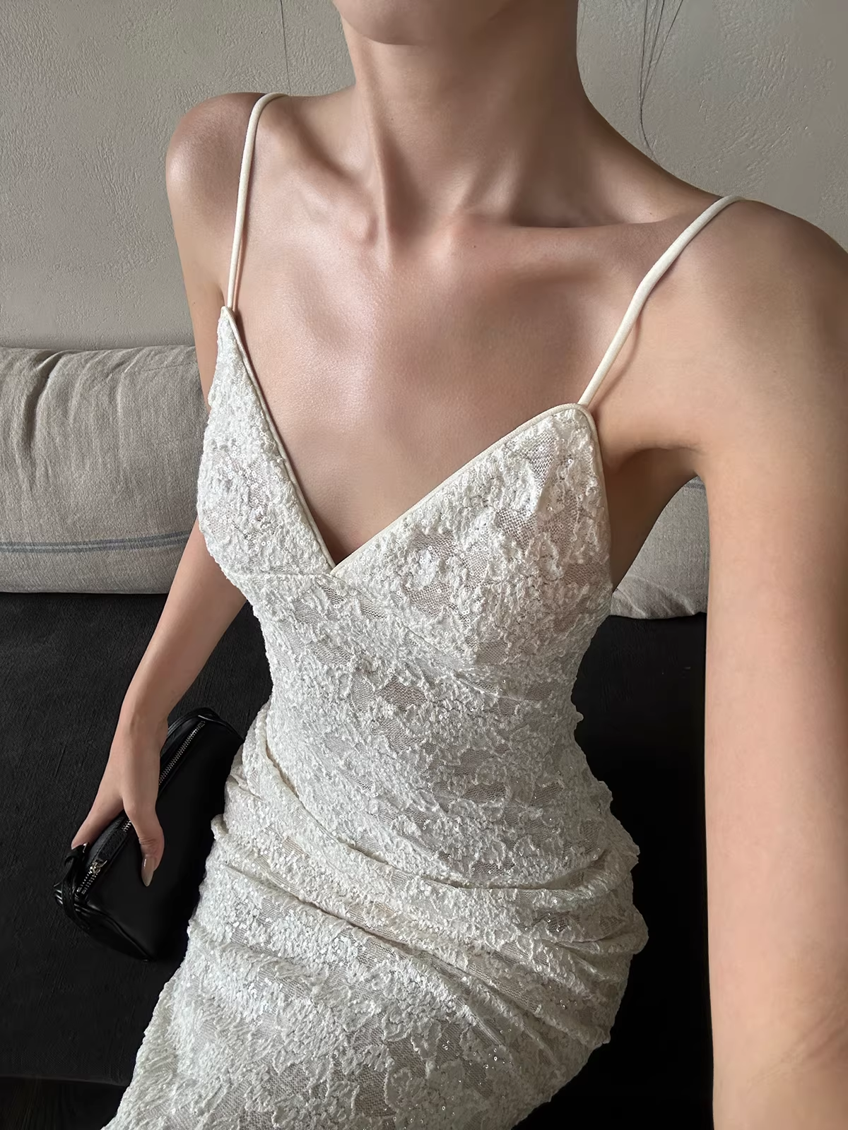 Pretty Spaghetti Straps V Neck Off White Lace Sequin Mermaid Long Evening Dress Formal Wedding Guest Dress