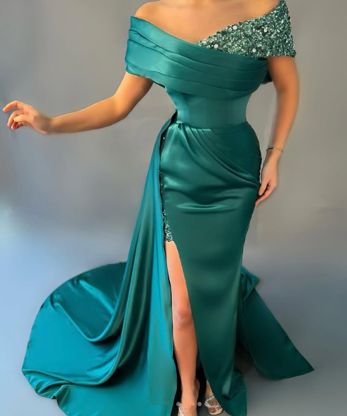 Unique Green Off Shoulder Satin Sequins Prom Dress,Mermaid Slit Party Evening Dress