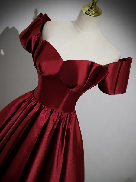 A Line Burgundy Satin Floor Length Prom Dress, Off the Shoulder New Party Dress
