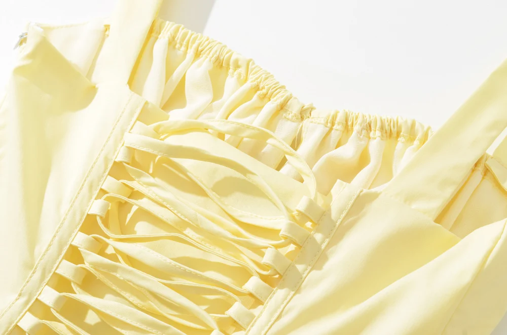 Yellow Ruched Bow Backless Sexy Midi Prom Dress