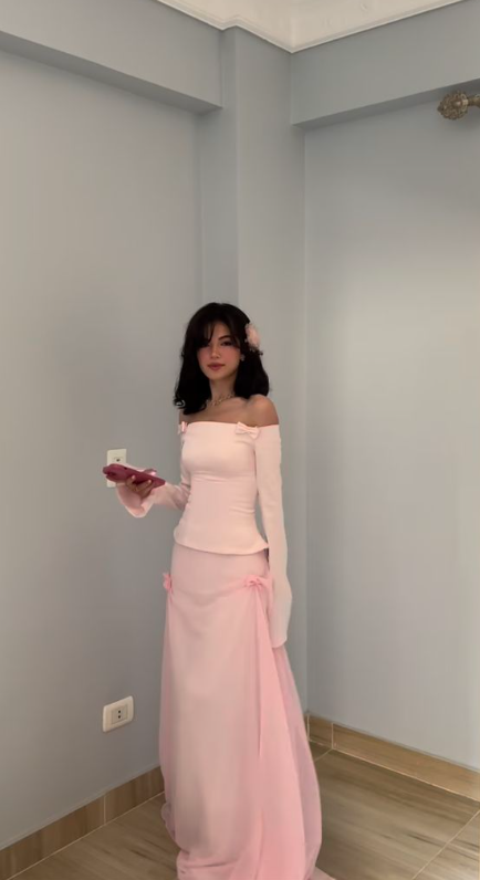 Sweet Two Piece Off The Shoulder Pink Satin Chiffon Mermaid Prom Dress Formal Party Dress