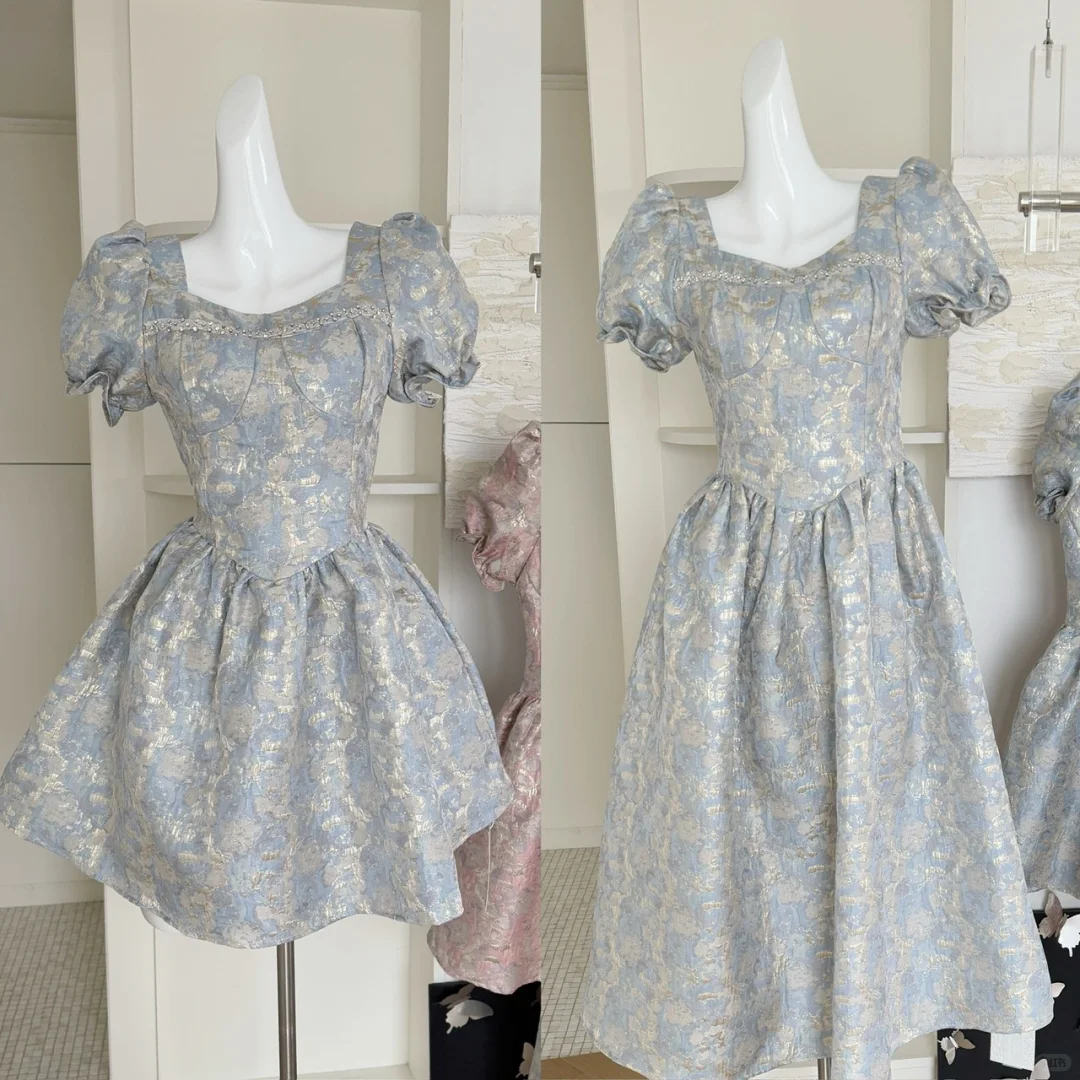 Cute Satin Print Floral Short Sleeves A Line Birthday Outfits Blue Homecoming Dress