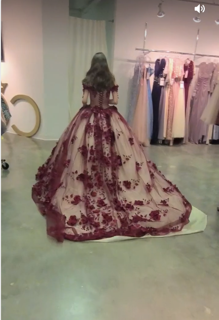 Red tulle flower strapless off the shoulder long train prom ball gown Sweet 16 Dress