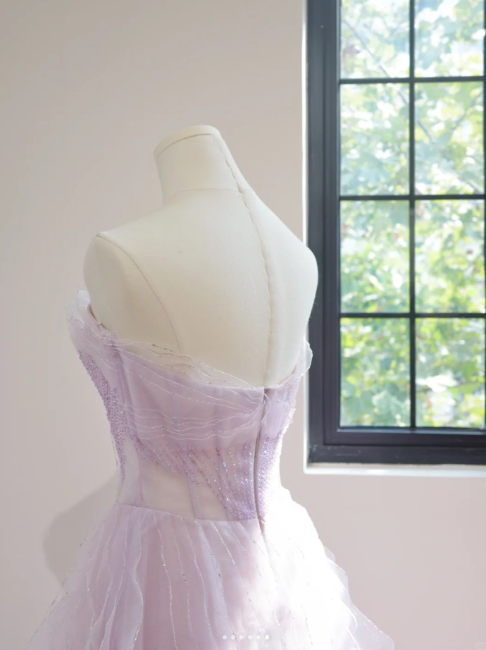 Classy Strapless Lilac Beaded Tulle Ruffles Long Birthday Prom Dress Formal Party Dress