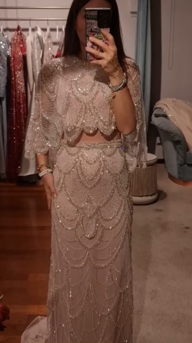 Gorgeous Tulle Sequin Beaded Long Prom Dress Two Piece Evening Dress