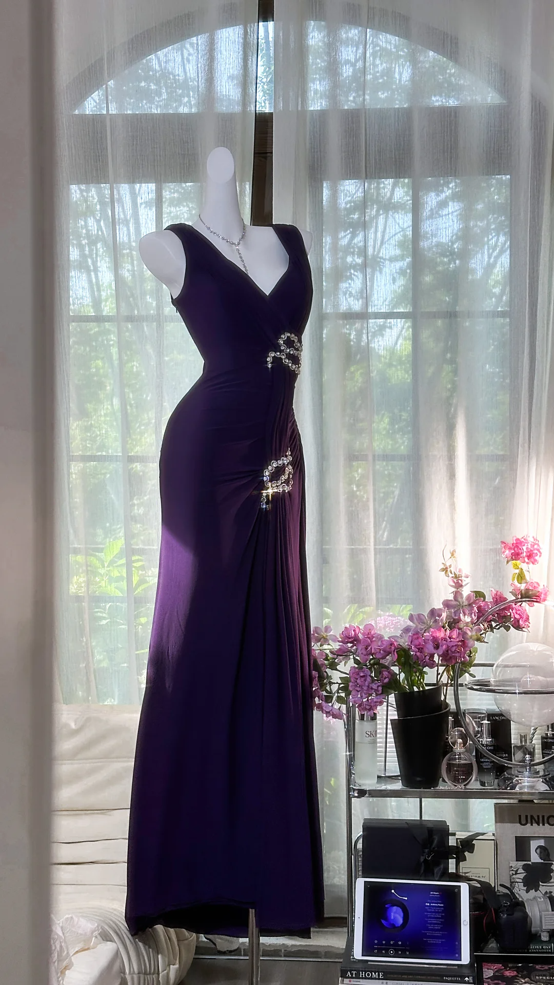 Pretty V Neck Purple Chiffon Beaded Mermaid Party Dress Formal Birthday Prom Dress