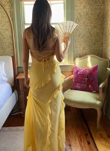 Elegant Yellow Spaghetti Straps Ruffle Slit Prom Dress,Long Party Evening Dress