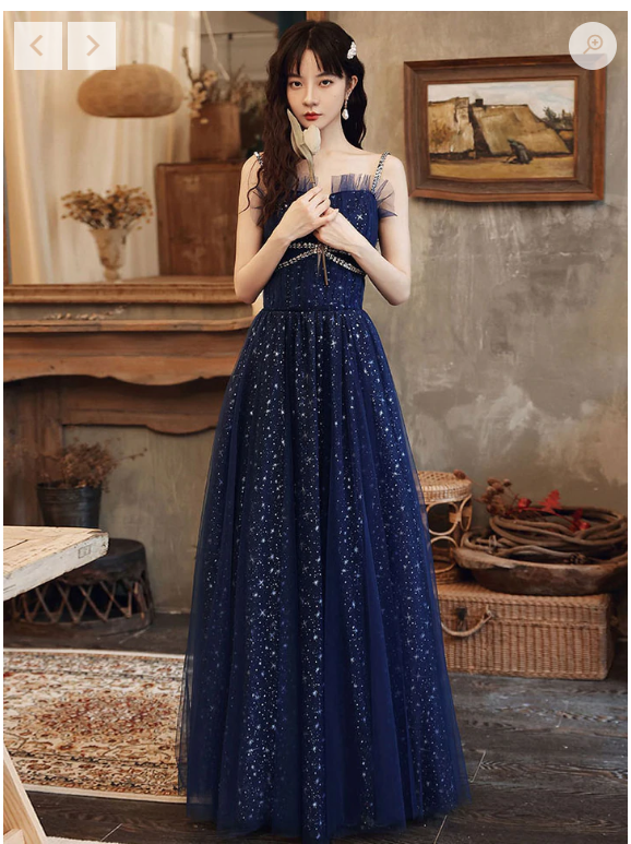 Blue tulle A line sequin long prom dress, blue tulle formal dress