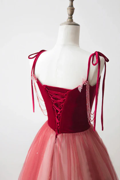 Unique Ombre Red Tulle Applique A Line Evening Dress Formal Prom Dress