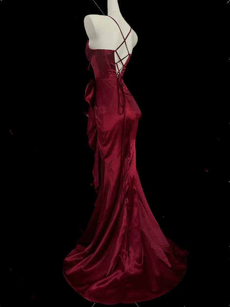 Burgundy Mermaid Straps Long Party Dress Satin Prom Dress