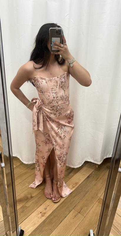 Fuchsia Printed Corset Front-Slit Satin Sheath Prom Dress,Formal Party Evening Dress