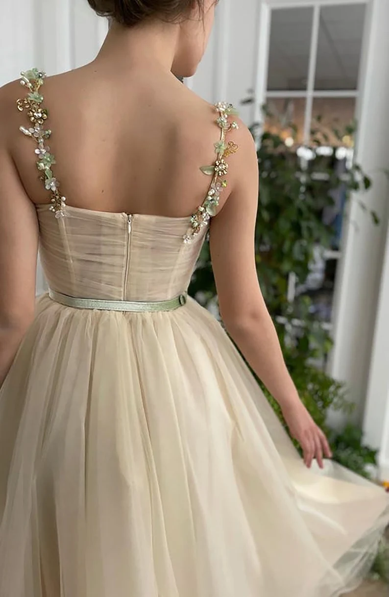 Beige Fairy Tulle Prom Dress Beads Straps Fairy Prom Gown, Handmade Tea-length A-Line Tulle Ball Gown Wedding Dress