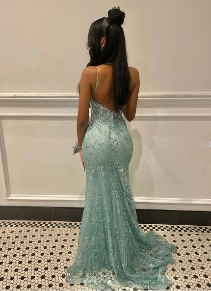 Charming Spaghetti Straps Tulle Lace Mermiad Prom Dress Blue V Neck Prom Evening Gown