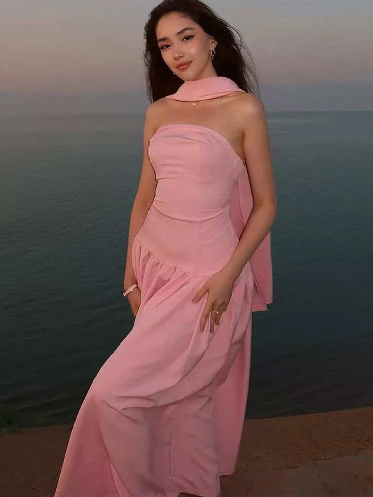 Classy Sleeveless Pink Satin Strapless Long Party Dress Prom Dress With Scarf