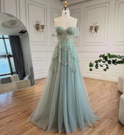 Off The Shoulder Tulle Beaded Evening Dress,Shiny Sage Green Prom Party Dress