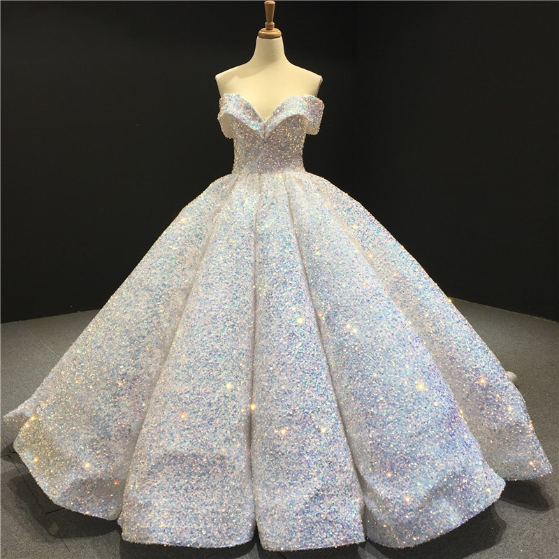 Sparkly Sweetheart Off The Shoulder Ball Gown Wedding Dresses | Sequin Puffy Bridal Gown