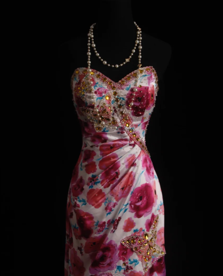 Charming Strapless Satin Floral Beaded Mermaid Long Birthday Prom Dress Evening Dress