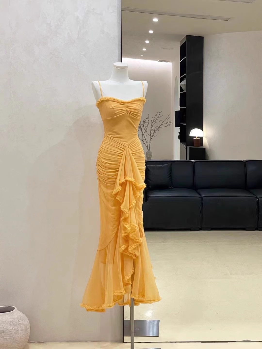 Sexy Spaghetti Straps Chiffon Pleated Mermaid Party Dress Yellow Birthday Dress