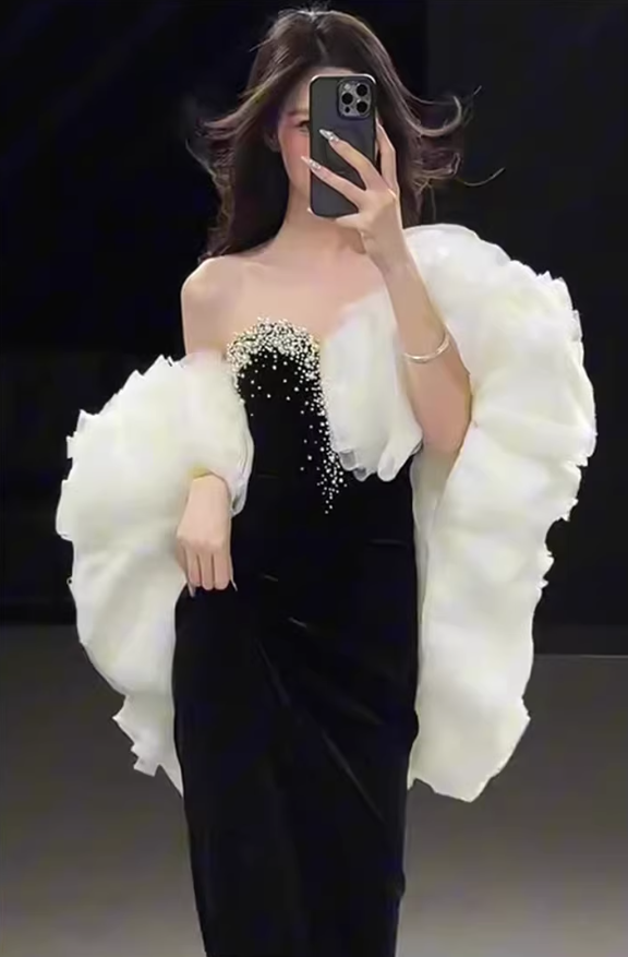 Gorgeous Strapless Black Velvet Beaded Mermaid Long Prom Dress Birthday Party Dress