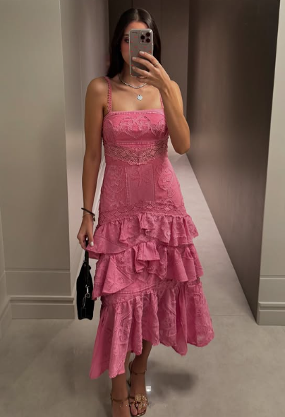 Pink Lace Layered A Line Prom Dress Formal Party Evening Dress
