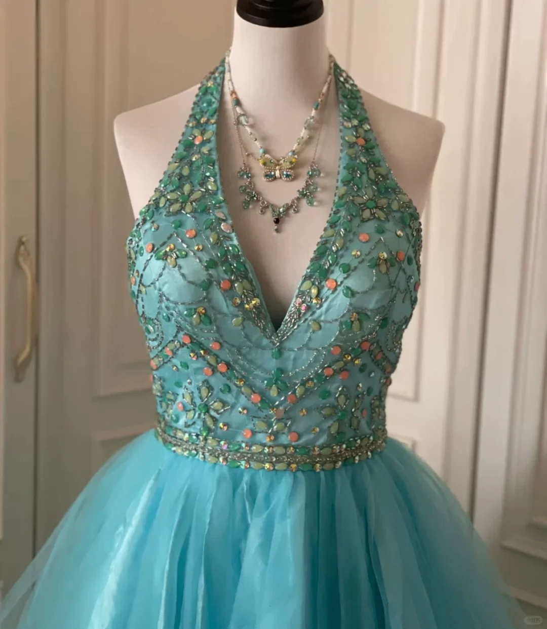 Vintage Blue Halter Tulle Beaded A Line Short Party Dress Formal Homecoming Dress