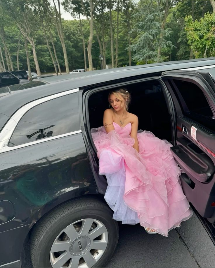Cute Pink Strapless Tulle Layered Long Party Dress Formal Birthday Prom Dresses