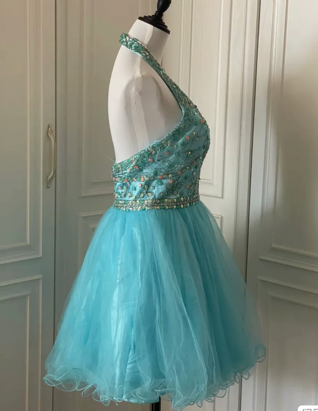 Vintage Blue Tulle Beaded Sleeveless A Line Birthday Dress Homecoming Dress
