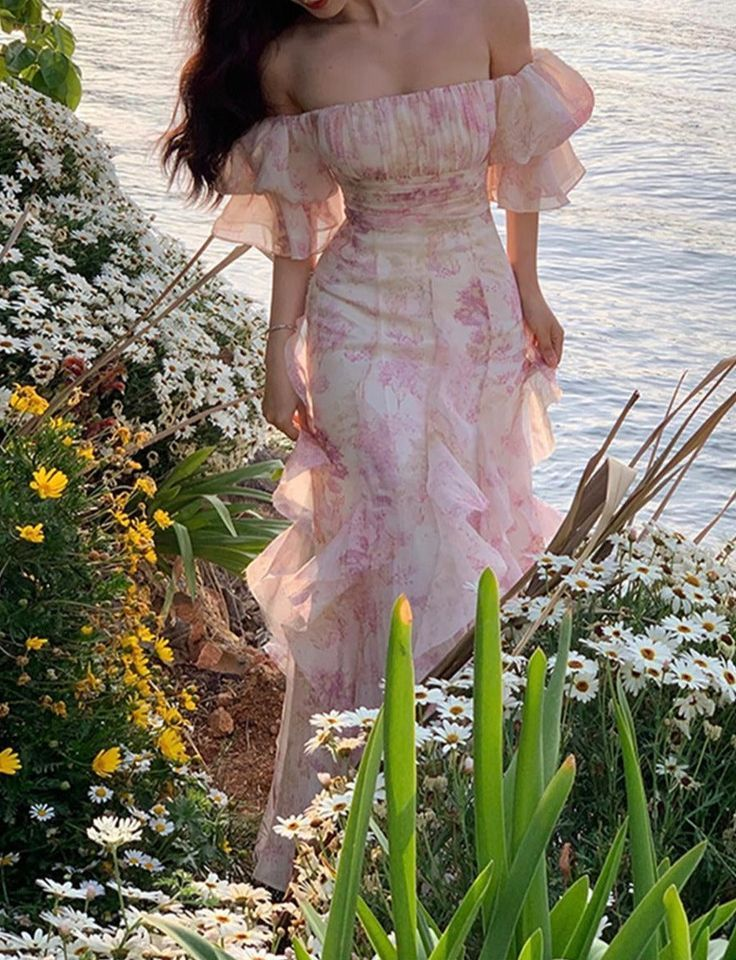 Pretty Chiffon Print Flowers Pink Prom Dress Long Party Evening Dress