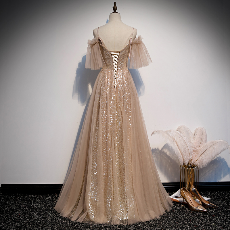 Champagne sequins tulle prom dress formal dress