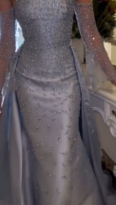 Gorgeous Blue Satin Tulle Beaded Mermaid Evening Dress Long Birthday Party Dress