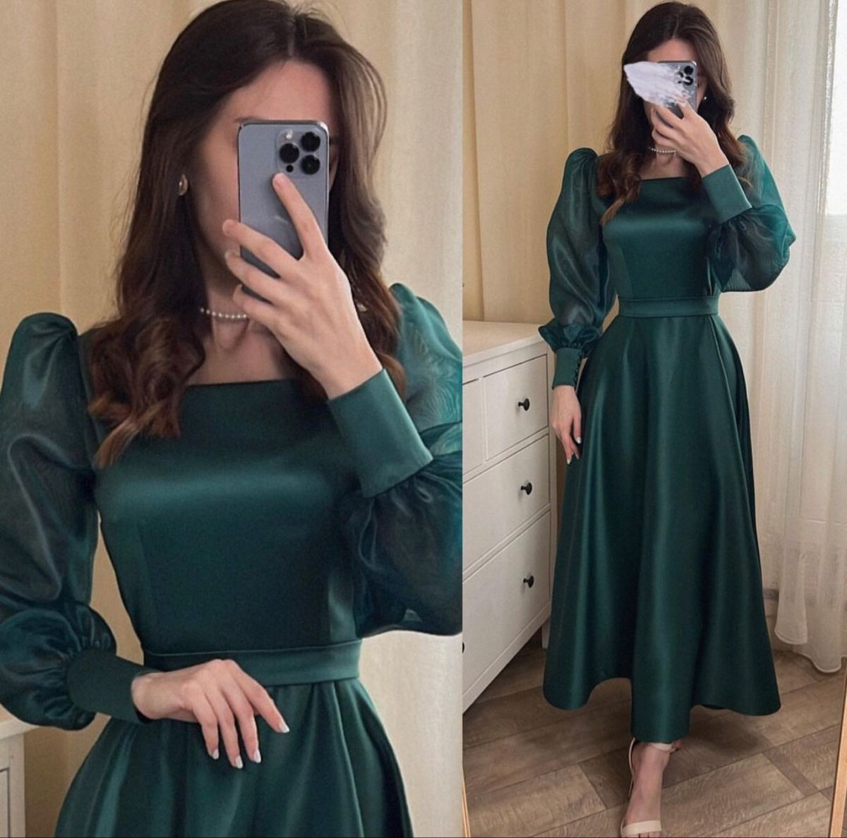 Simple A-line Green Square Neckline Satin Prom Dress