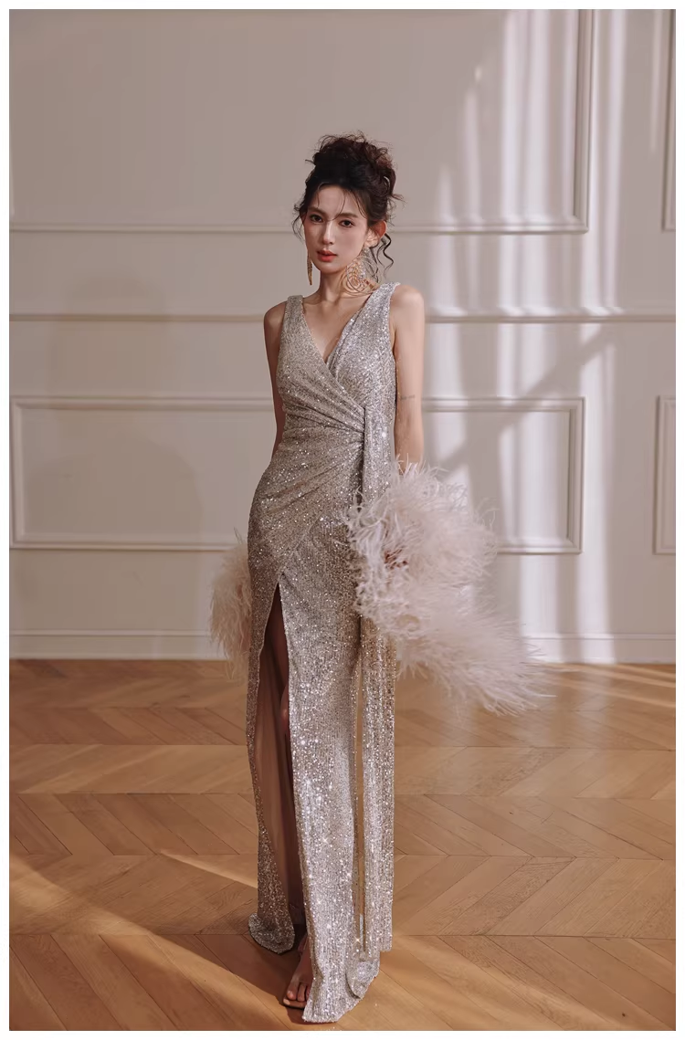 Glitter V Neck Silver Sequin Slit Mermaid Long Evening Dress Birthday Dress