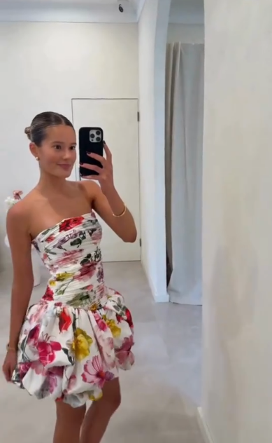 Pretty Strapless Satin Print Floral Pleated A Line Short Homecoming Dress Formal 20th Birthday Outfits