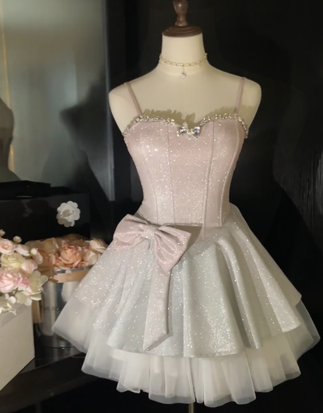 Glitter Spaghetti Straps Sweetheart Neck A Line Short Homecoming Dress Birthday Outfits