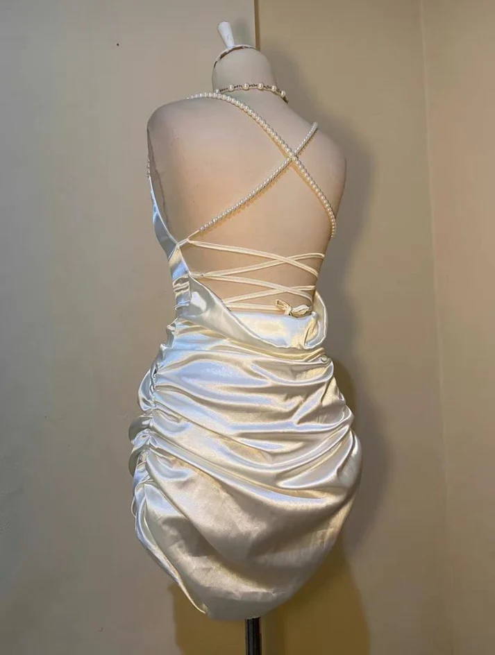 Sexy White Short Satin Sheath Birthday Dress Short Prom Dress Homecoming Dress