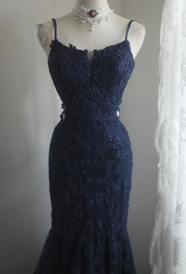 Elegant Spaghetti Straps Navy Blue Tulle Lace Appliques Mermaid Evening Dress Birthday Outfits
