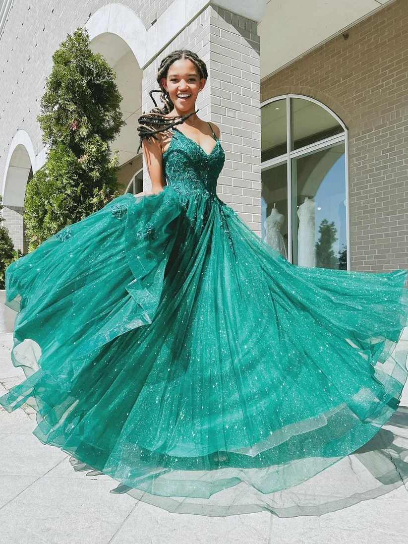 Glitter Green Tulle Appliques Sequins Prom Dress A Line Party Evening Gown