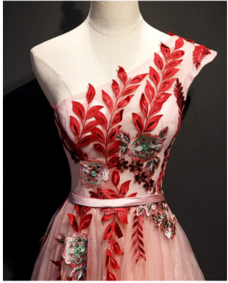 A Line One Shoulder Tulle Red Applique Long Prom Dress Evening