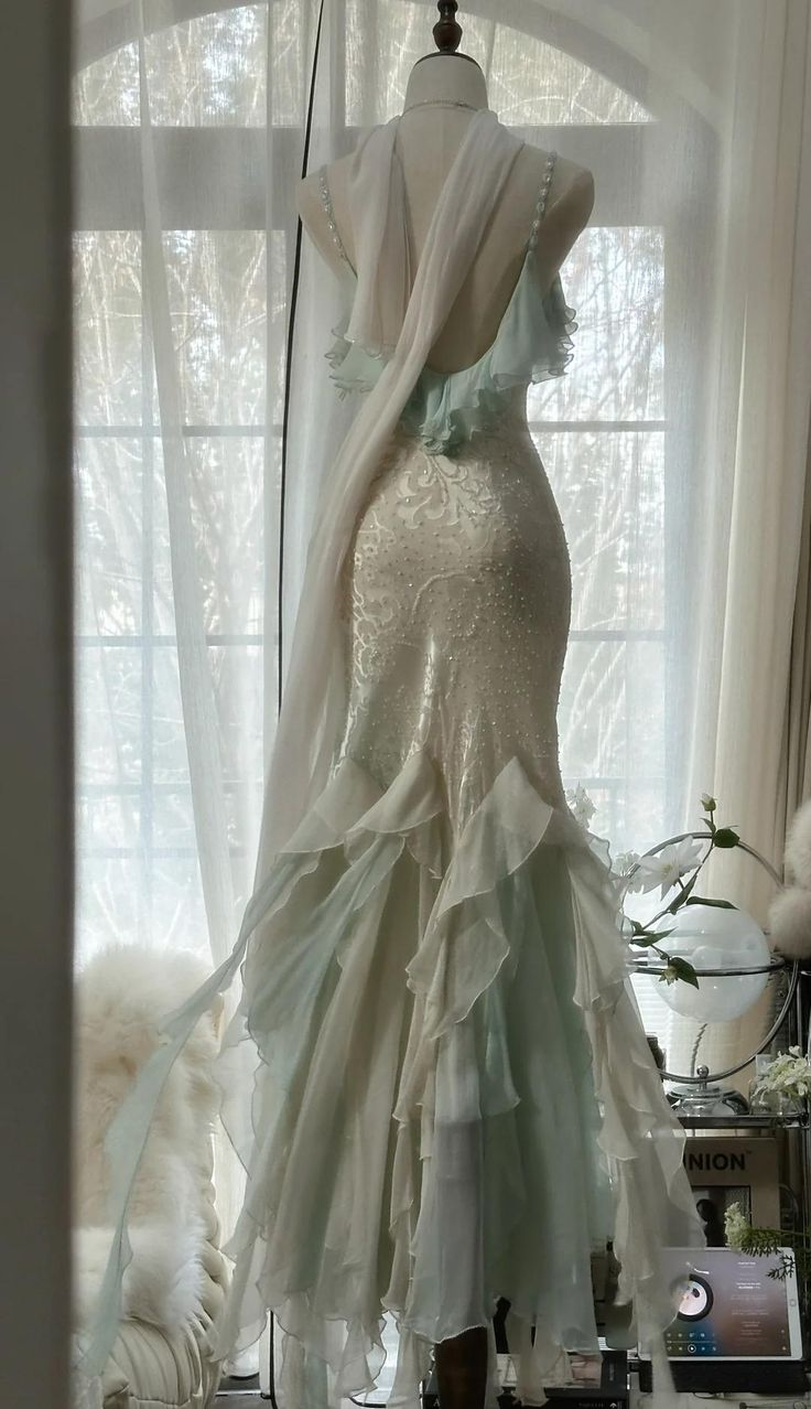 Classy Light Green Chiffon Beaded Mermaid Prom Dress,Spaghetti Straps Party Evening Dress