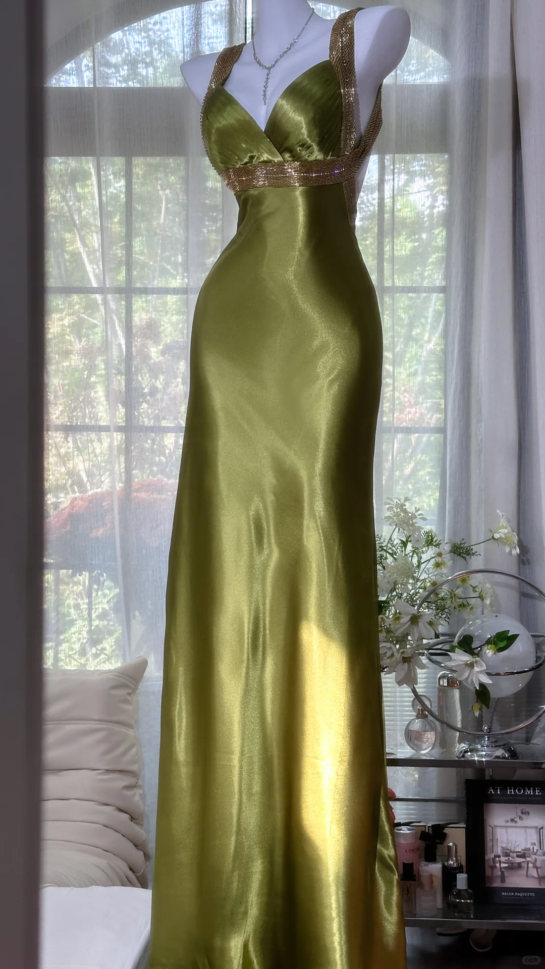 Vintage Olive Green V Neck Satin Backless Mermaid Party Dress Long Evening Dress