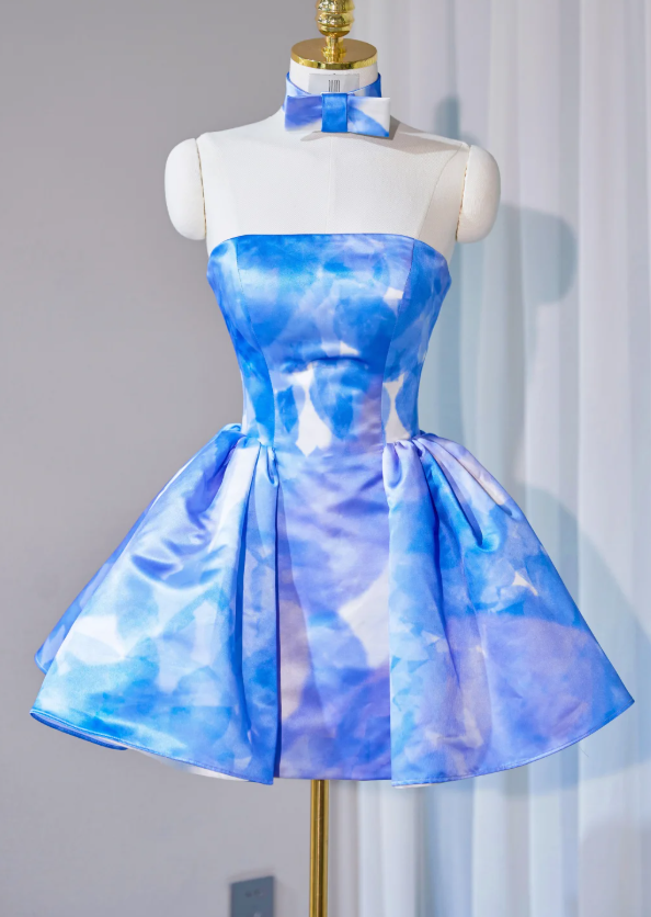 Unique Strapless A Line Short Party Dress Blue Homecoming Dress