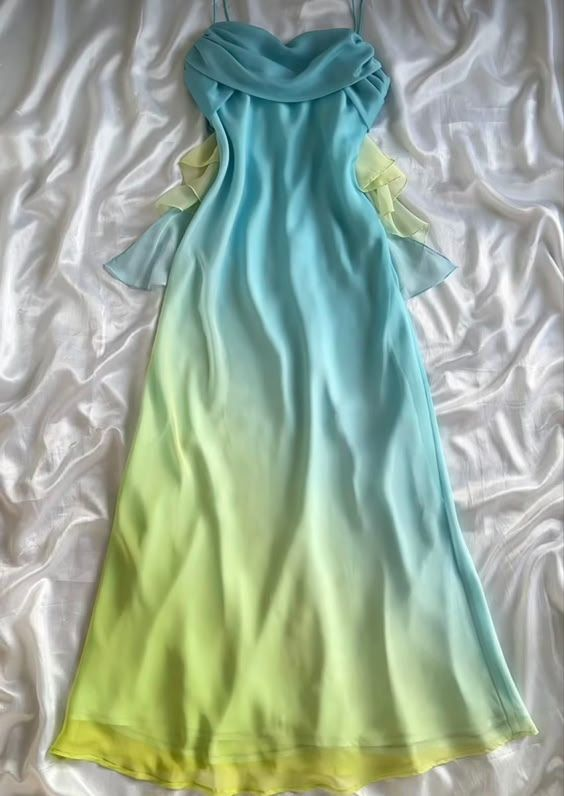 Classy Sheath Ombre Blue Long Chiffon Prom Dress Spaghetti Straps Evening Dress