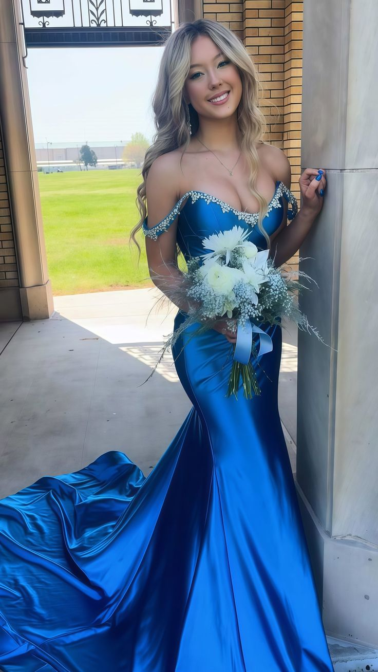 Gorgeous Blue Satin Beaded Evening Dress Mermaid Party Prom Dress