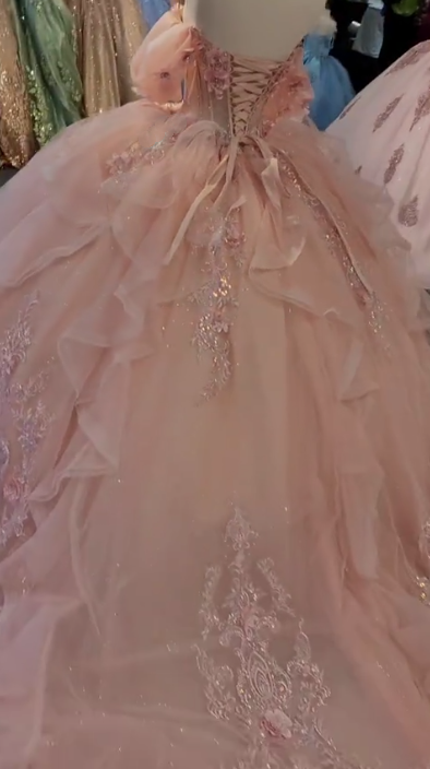 Charming Pink Off The Shoulder Tulle Sequin Appliques Princess Quinceanera Dress Sweet 17 Dress