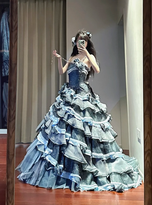 Shiny Strapless Tulle Satin Beaded Ball Gown Blue Layered Sweet 16 Dress Quinceanera Dress