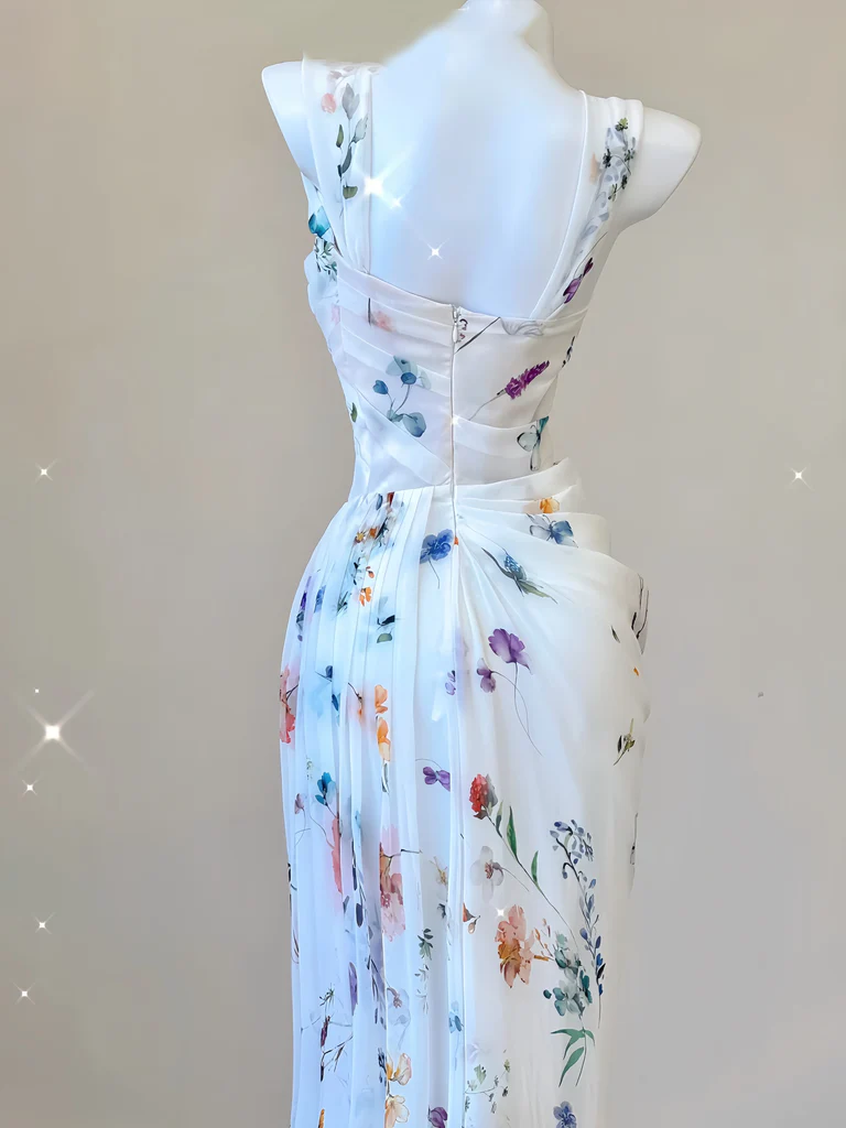 Fairy Chiffon Print Long Mermaid Pleated Evening Dress White Formal Prom Dress